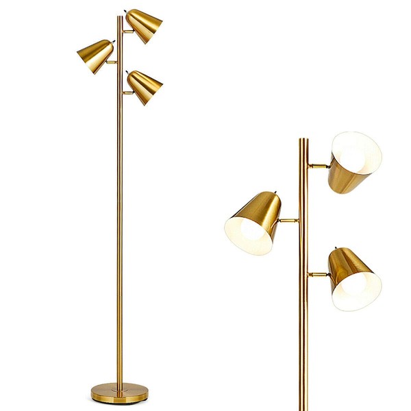 Tangkula 3-Light Floor Lamp, 64” Mid Century Modern 3 Light Tree, Standing Tall Pole Lamp with 3 LED Bulbs and Adjustable Heads, Reading Light for Living Room & Bedroom, 360 Lighting (Antique Brass)