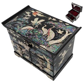 February Mountain Mother of Pearl Wooden Jewelry Organizer Box – Jewelry Storage Box for Women, Features Spacious Drawers, Ideal for Rings, Bracelets, Watches, Chains, Accessories (Colorful Crane)