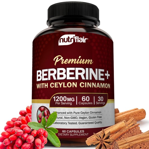 NutriFlair Premium Berberine HCL 1200mg, 60 Capsules - Plus Pure