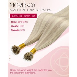Moresoo Nano Bead Hair Extensions Human Hair Ash Blonde with Blonde Highlight Nano Hair Extensions Human Hair Long Straight Hair Invisible 50G/50S 18 Inch