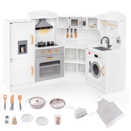 Fireflowery Kids Kitchen Playset, Wooden Toy with Ice Maker, Washing Machine, Microwave, Interactive Play with Lights and Sounds, Pretend Play Corner Kitchen for Girls and Boys (White)