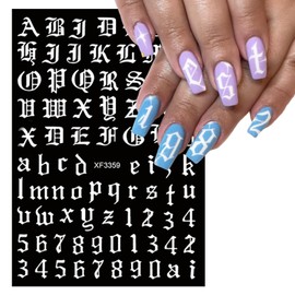 8 Sheets Old English Nail Sticker 3D Self-Adhesive Pegatinas Uñas Old Alphabet Nail Decals Gold Silver Black White Number Font Letters Metallic Holographic Alphabet Design Nail Art Supplies for Women