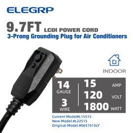 ELEGRP L15515 14AWG Black LCDI Power Cord Plug for A/C Air Conditioner, E250451 UL Certified, 9.7FT Leakage Current Detection Interrupter Replacement, 120VAC 15Amp 1800W 60Hz NEMA 5-15P (1 Pack)