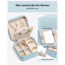 Vlando Small Travel Jewelry Box Organizer - Display Case for Girls Women Gift Rings Earrings Necklaces Storage with Mirror Blue