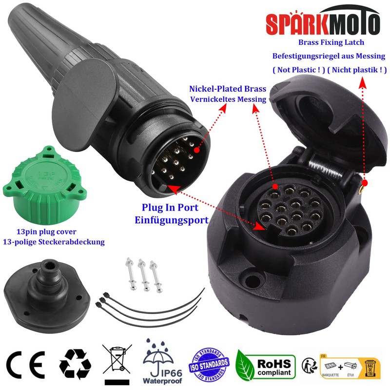 SPARKMOTO 13 Pin Trailer Plug and Socket, 12V Towing Caravan