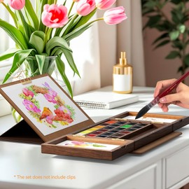 Watercolor Paint Set 24 Vibrant Colors with Walnut Wood Palette,Adjustable Angles Leather Sheath Portable Travel Watercolor Palette Set for Artist