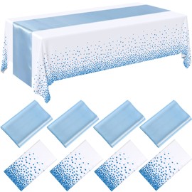 8 Pack Disposable Plastic Tablecloths and Satin Table Runner, 54 x 108 Inch Tablecloth, 12 x 108 Inch Table Runners for Wedding Graduation Birthday Baby Shower New Year Party (Blue)