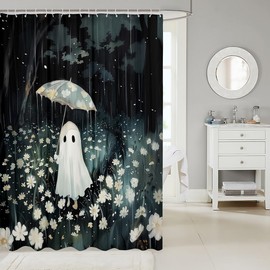 Manfei - Cortinas de ducha de fantasma, para Halloween, lluvioso, cortina de baño de selva, flores blancas, diseño de margaritas, naturaleza, pintura, juego de decoración de baño con 12 ganchos para