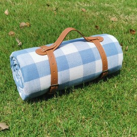 Campsuper 79”x79” Picnic Blanket Extra Large, Waterproof and Foldable Beach Blanket, 3-Layer Outdoor Blanket for 6 to 8 Adults, for Camping, Park, Beach, Grass, Indoors (Blue and White Grids)