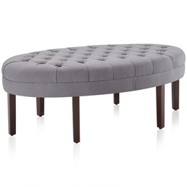 BELLEZE 46 Inch Ottoman Bench Button-Tufted Bench, Oval Coffee Table Ottoman with 6 Legs, Foot Rest Stool Upholstered Linen Bench for Entryway Dining Room Living Room Bedroom - Tristar (Gray)