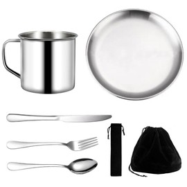 Camping Tableware 1 Person - Camping Cutlery Set 7 Pieces, Stainless Steel Reusable Lightweight Cup, Plate and Stainless Steel Cutlery with Black Bag, Tableware Utensil Set for Outdoor Camping