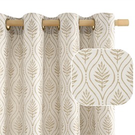 BGment Beige French Country Curtains 63 Inches Long for Bedroom, Leaf Jacquard Botanical Pattern Cottage Core Boho Vintage Semi Sheer Linen Window Drapes, 2 Panels, 52 x 63 Inch