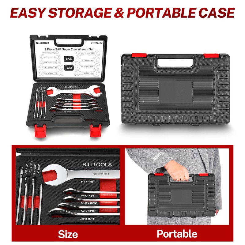 BILITOOLS Super-Thin Wrench Set, 9 Piece SAE Open End Wrench