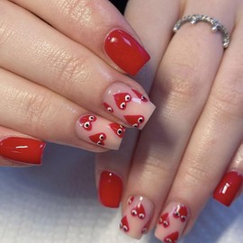 Valentines Day Press on Nails Short Square Fake Nails Red Love Eyes Acrylic Nails with Red Heart Designs False Nails Kits Cute Artificial Nails Glossy Stick Glue on Nails for Women Girls 24Pcs