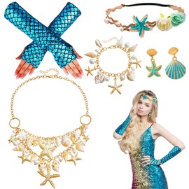 5 Piece Women's Mermaid Costume Set, Girls' Underwater World Costume with Fish Scale Gloves, Headband, Shell Chain, Bracelet, Starfish Earrings for Carnival, Theme Party