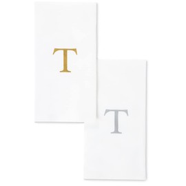 AMERICAN HOMESTEAD Disposable Hand Towels - Gold Monogrammed Guest Napkins - Linen-Like Bathroom Paper Towels for Guests - Perfect Wedding and Party Napkins - 25 Count (Gold T)
