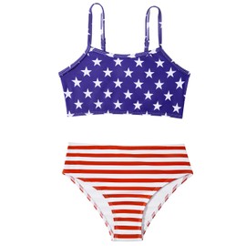 Century Star Girls Swimsuit 2-piece Ribbed Bikini Set Adjustable Strap Bathing Suits for Teens Swimwear American Flag 14-15 Years