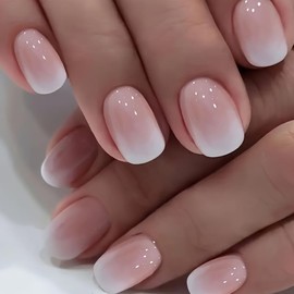 Pink Press on Nails Pink Short Fake Nails Gradient Pink White False Nails with Gradient Designs Square Shaped Glue on Nails Cute Stick on Nails Full Cover Acrylic Nails Glossy Artificial Nails 24Pcs