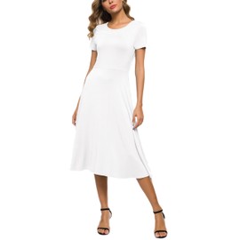 EXCHIC Women's Short Sleeve Round Neck Waisted Slim Summer Midi Dress (XL, White)