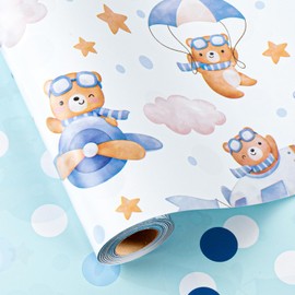 HOMERAL Baby Boy Wrapping Paper Roll - Adorable Blue Pilot Bear Design, Reversible Gift Wrap for Boy Birthday, Boys Baby Shower, Gender Reveal - Stars, Dots, Airplane and Parachute - 17 Inch x 33 Feet