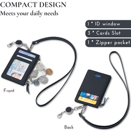 Genuine Leather ID Badge Holder with Retractable Reel Clip, Fashion Neck Lanyard Wallet with Card Slot & Zipper Pocket for Teacher Nurse Student Work Office Women Men (Black)