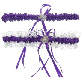 Rimobul 2 Pieces Wedding Garters Lace Bridal Garter Faux Pearls Garter for Bride with Toss Away (Purple)