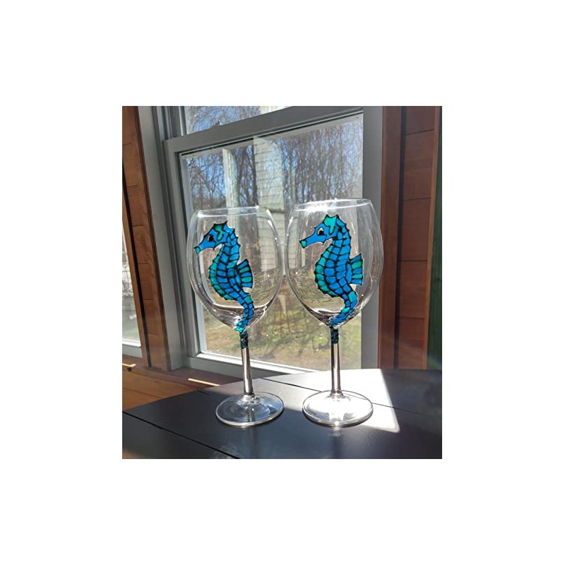 Seahorse Blue Green Hand Painted Wine Glasses Set of 2