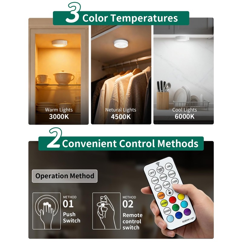 LOINSGLIM 6-Pack Puck Lights with Remote, 1800mAh Rechargeable Under Cabinet