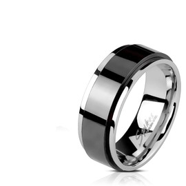 Bungsa Silver Spinner Ring with Black 316L Stainless Steel Rotating Centre Piece Unisex Sizes J to Z Available, Stainless Steel, No Gemstone