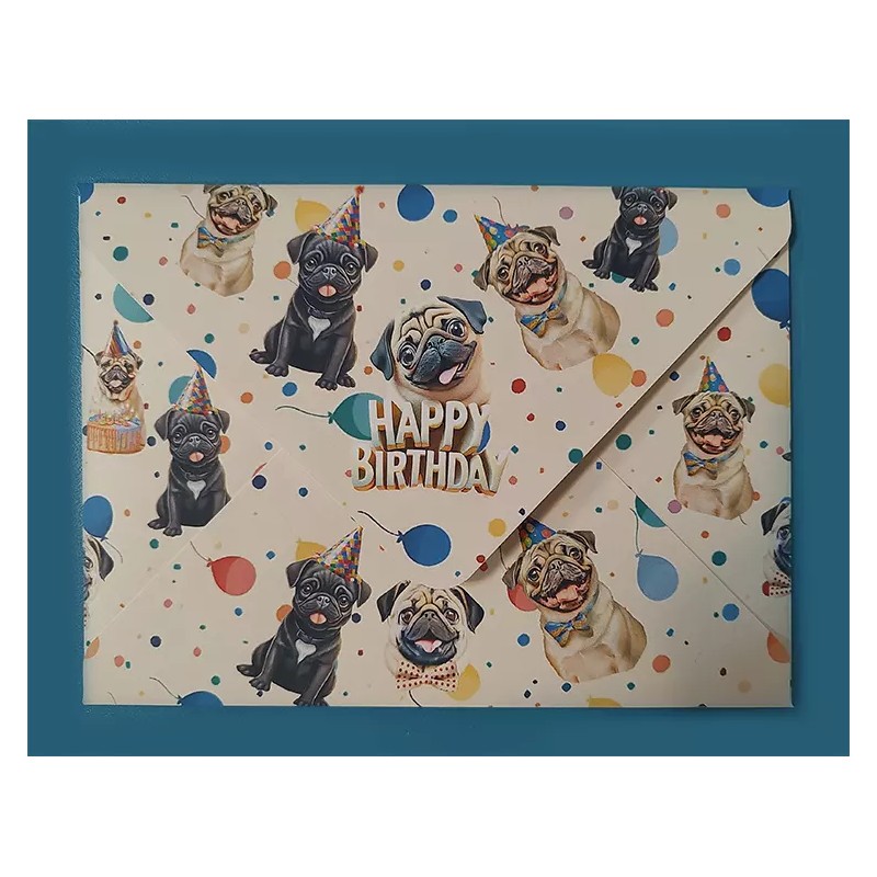Unbranded Pug Dogs Birthday Party Card & Printed Envelope hand-crafted