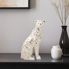 11" Sitting Leopard Sculpture - Contemporary Glam Ceramic White and Gold Decorative Leopard Figurine - Animal Home or Office Decor