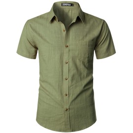 ZEROYAA Men's Fitted Cotton Linen Casual Short Sleeve Button Up Shirts Lightweight Beach Tops with Pocket ZLSC34-Avocado Green Large