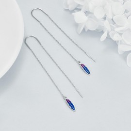 Feather Threader Earrings Sterling Silver Feathers Long Drop Pull Through Earrings for Women