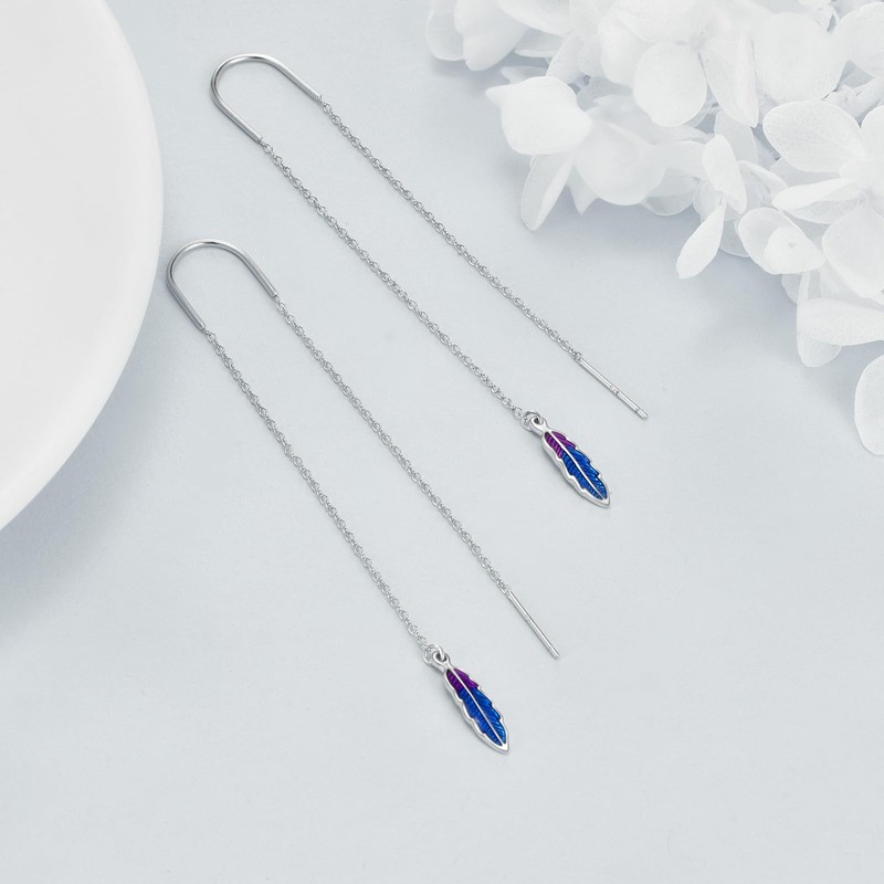 Feather Threader Earrings Sterling Silver Feathers Long Drop Pull Through