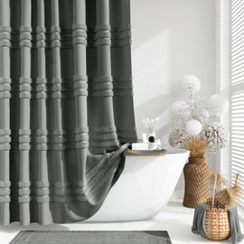 Dynamene Extra Long Shower Curtains - 72 x 84 Inches Long Tufted Chenille Striped Fabric Bathroom Shower Curtain, Tall Modern Shabby Chic Waterproof Cloth Shower Curtain Set with Hooks, Charcoal Grey