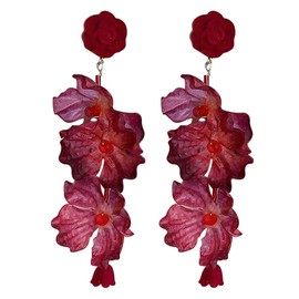 Red Rose Flower Dangle Earrings for Women Trendy Long Tassel Flower Earrings Vintage Drop Earring Flowers Pearl Earings Fabric Petal Earring Dangling Ear Rings Womens Floral Jewelry Vacation Earings