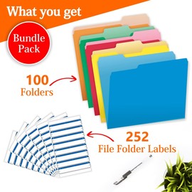 File Folders 100 File Folders, Colored File Folders, Folders for Documents 1/3 Cut Filing Folders, File Folders Letter Size and 252 File Folder Labels