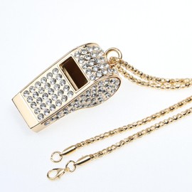 PCTC Crystal-Encrusted Metal Whistle - Heavy-Grade Metal Fashion Jewelry with Decorative Chain for Fashion, Party and Gift Accessory (Gold)