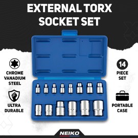 NEIKO 04300A E-Torx Socket Set, 14 Piece, External Torx, E4 to E24, 1/4", 3/8" and 1/2" Drive, Female Star, Inverted Socket Set, Cr-V Steel