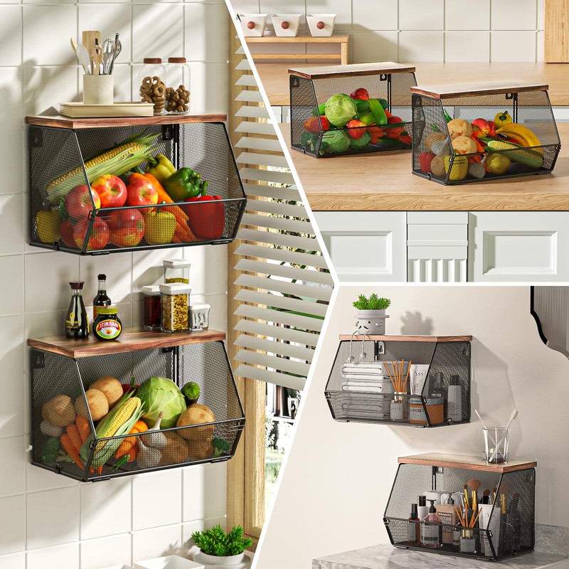 Stackable Fruit Basket for Kitchen Countertop Space Saving, Wall Mounted