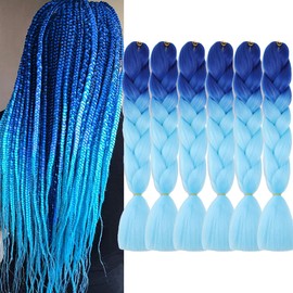 Jumbo Box Braiding Hair Extensions 24 Inch Blue to Sky Blue High Temperature Synthetic Fiber 6 pcs Ombre Colored Braiding Hair Twist Crochet Braids for Black Women(24",B45)