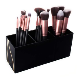 Super Z Outlet Cosmetic Makeup Organizer for Lipstick, Eyeliner Brushes, Lip Pencil Display Rack 3 Slot Vanity Top Holder (Black Gold)