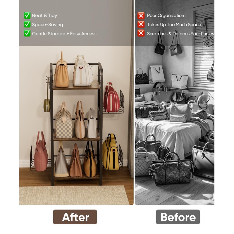 Tuohours 3-Tier Purse Organizer Rack, Iron & Wood Floor-Standing Bag