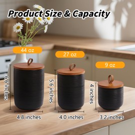 Food Storage Jar Strong Ceramic Storage Canisters with Airtight Wooden Lid,Kitchen Storage Containers for Serving Coffee Beans, Tea, Sugar, Salt, Spices (Black three-piece set)
