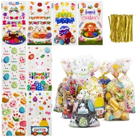 allydrew Easter Cellophane Treat Bags With Twist Ties for Candy, Cookies, Treats, Gifts and Party Favors (100pcs), Happy Easter