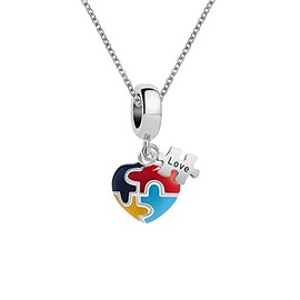 KunBead 18 inch Autism Awareness Heart Puzzle Love Charm Pendant Necklace for Women