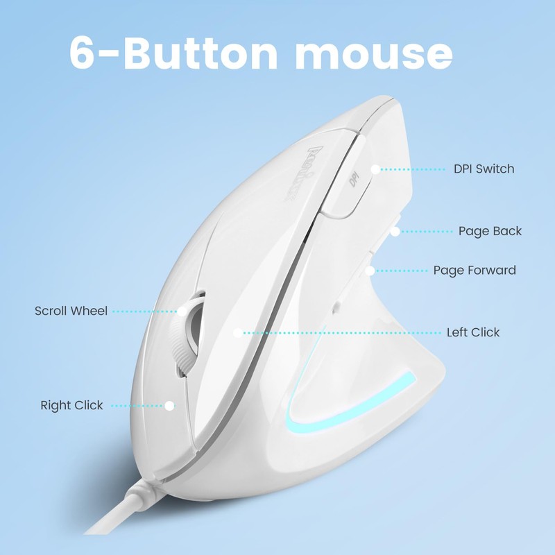 perixx PERIMICE-513W Wired Vertical USB White Mouse - 6 Buttons