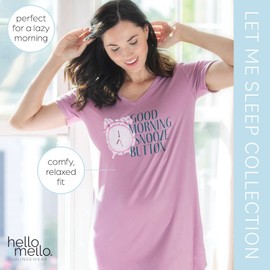 Hello Mello V-Neck Women’s Soft Lightweight Pajama Shirt - Good Morning, Snooze Button, Small/Medium Purple