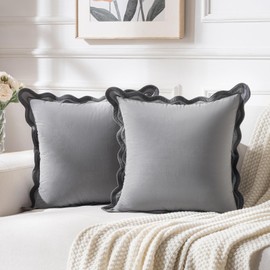 Fancy Homi Set of 2 Grey Decorative Throw Pillow Covers 18x18 Inch with Scallop Edging for Couch Bed Sofa Indoors, Aesthetic Modern Farmhouse Home Decor, Soft Velvet Accent Gray Pillow Case 45x45 cm