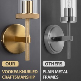 15" Knurled Gold Wall Sconces Set of 2, Bathroom Vanity Light Fixtures with Clear Glass Tube, Modern Lamp Lighting for Bedroom, Living Room, Hallway, Staircase, Mirror, Kitchen